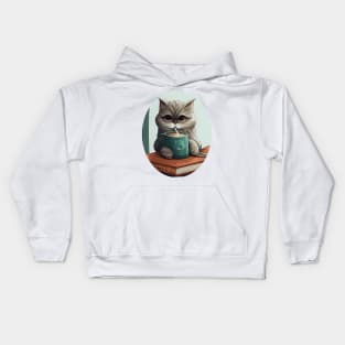 Funny Cat Drink Coffee And Reading Book Kids Hoodie